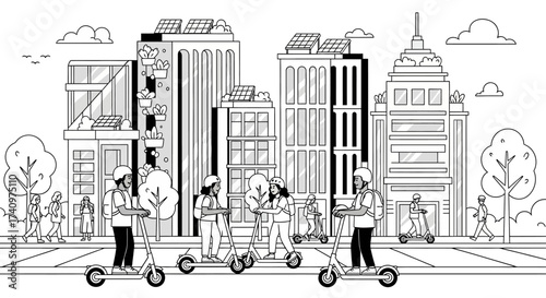 People Riding Electric Scooters in a Cityscape Illustration.