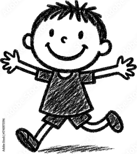 crayon-style vector of a happy child running with arms wide, playful doodle art in black and white
