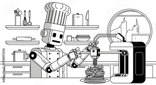 Robot chef in a kitchen using a 3D printer for cooking.