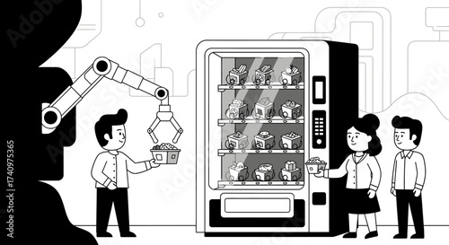 Robotic Arm and Vending Machine Symbolizing Future Automation.