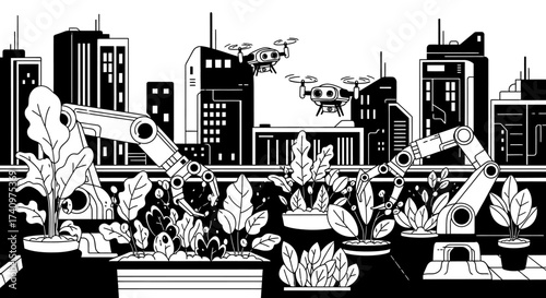 Robotic arms tending plants in a futuristic urban farming environment.