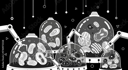 Scientific laboratory equipment showcasing biological cell research and experimentation.