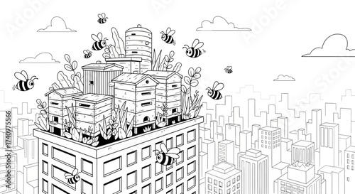 Rooftop urban beekeeping with multiple beehives and flying bees.