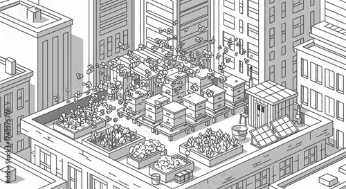 Rooftop urban garden with plants and buildings in a city.