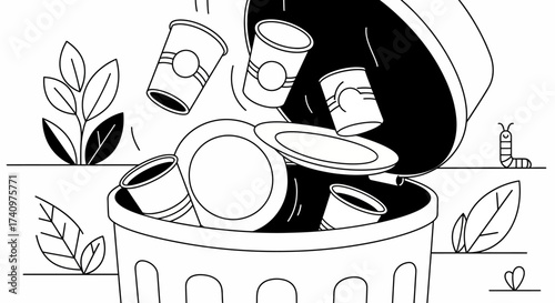 Simple black and white drawing of overflowing garbage cans with plates and tins.