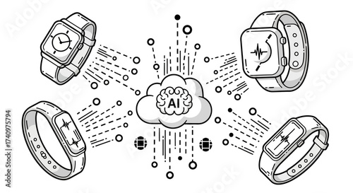 Smartwatches Connected to AI Cloud for Data Analysis and Health Monitoring.
