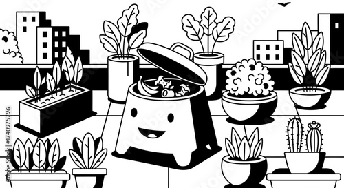 Smiling compost bin surrounded by various potted plants in urban setting.