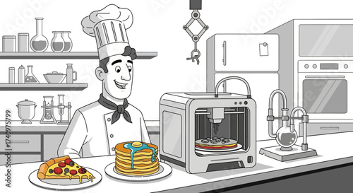 Smiling Chef Presents Food Made with a 3D Printer.