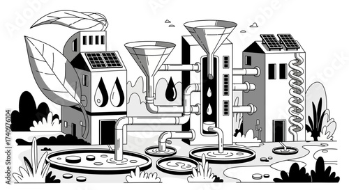 Sustainable water management system with eco-friendly buildings and solar panels.