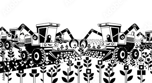 Symmetrical black and white illustration of combine harvesters at work.