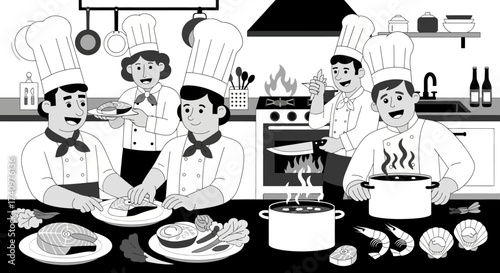 Team of professional chefs working together in a busy restaurant kitchen.