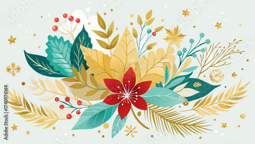 Festive winter floral arrangement with red flower and golden leaves