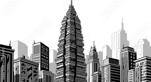 Tall, imposing skyscraper dominates the urban skyline, a symbol of architectural ambition.
