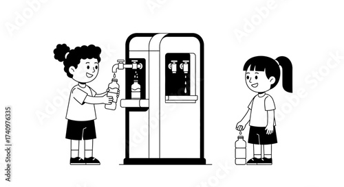 Two young girls filling reusable water bottles at a dispenser.