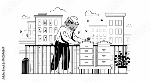 Urban Beekeeper Tending to Beehives on a Rooftop Balcony.