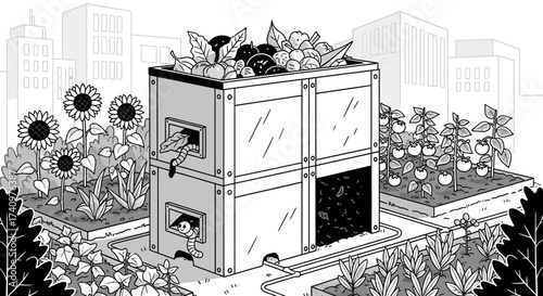 Urban Farming Structure with Plants and Wildlife Illustration.