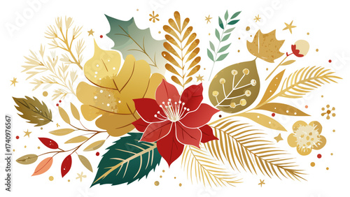 Elegant christmas floral arrangement with poinsettia and golden leaves
