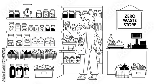 Woman shopping at zero waste store choosing product from shelf.