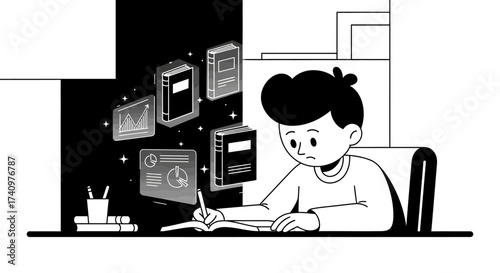 Young boy diligently writing at a desk surrounded by floating books.