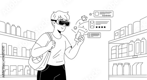 Young person using augmented reality glasses for shopping.
