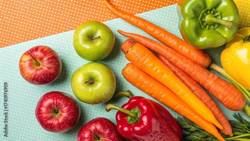 Pop-art inspired collage of fruits and vegetables with bold outlines, halftone textures, and neon tones.
