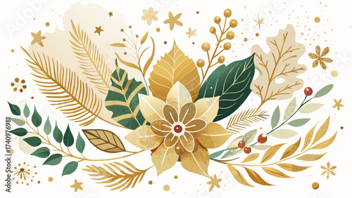 Elegant golden and green floral arrangement with berries and leaves