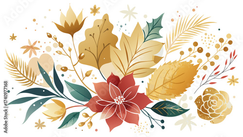 Autumn floral arrangement with poinsettia and golden leaves