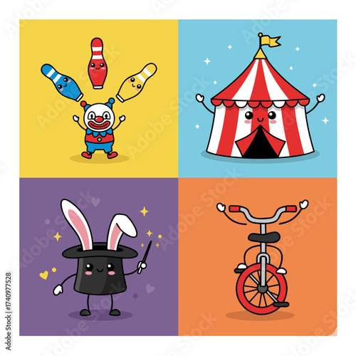 Circus characters illustration with a cheerful clown and magic hat