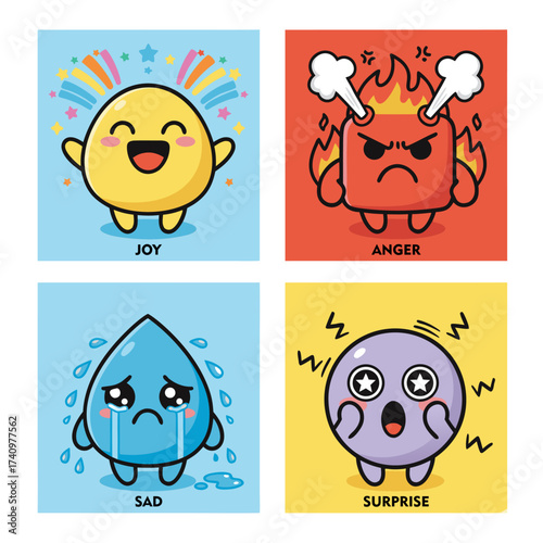A charming collection of animated characters illustrating diverse human emotions with expressive faces