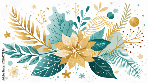 Elegant winter botanical arrangement with gold and teal leaves and flowers