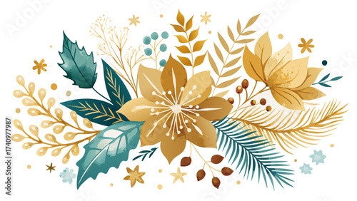 Elegant floral arrangement with gold teal and brown accents