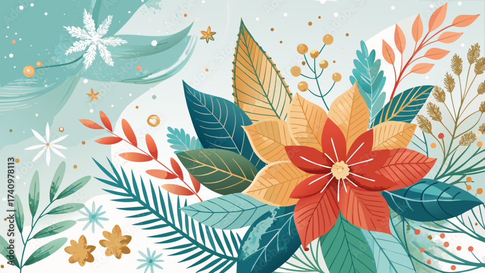 Fototapeta premium Winter floral arrangement with poinsettia and snowflakes