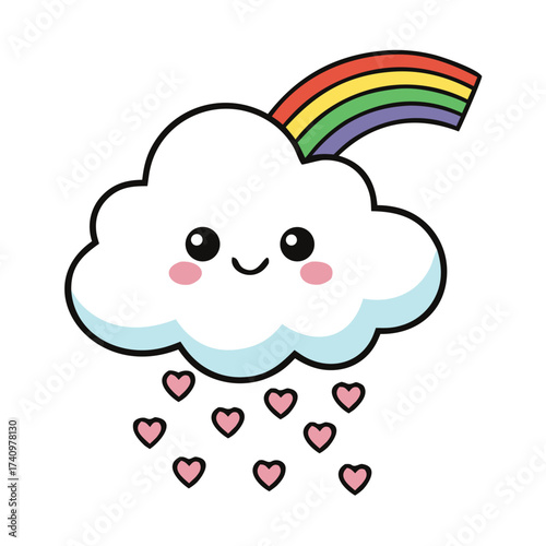Cheerful smiling cartoon cloud with a colorful rainbow showering down pink hearts of love