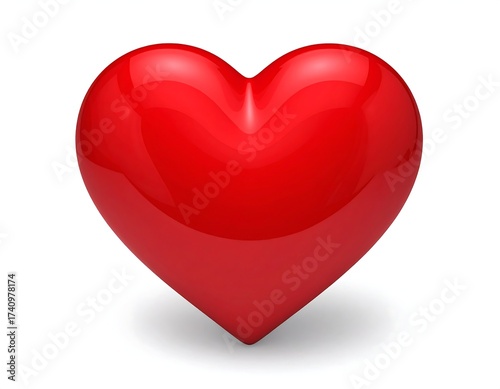 A glossy, vibrant red heart, rendered in 3D, casts a shadow
