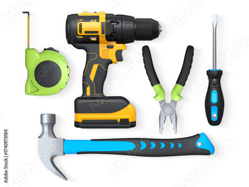 Assorted hand tools like pliers, tape measure, hammer, and drill isolated on white background with clipping path, concept of DIY
