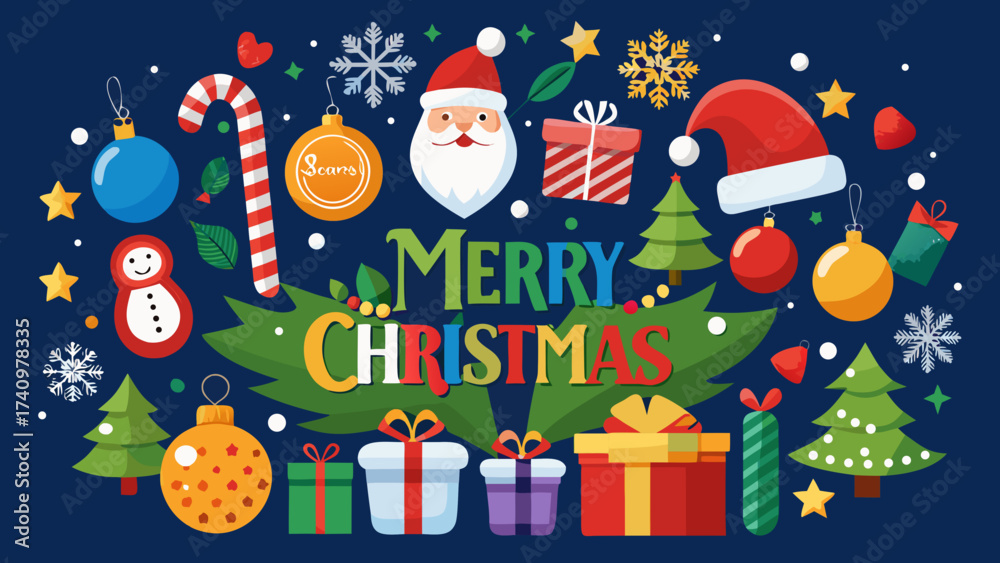 Fototapeta premium Merry christmas colorful illustration with santa claus and festive elements