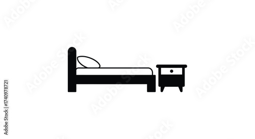 Simple bed and nightstand icon minimalist bedroom furniture graphic for hotel motel or home decor concepts
