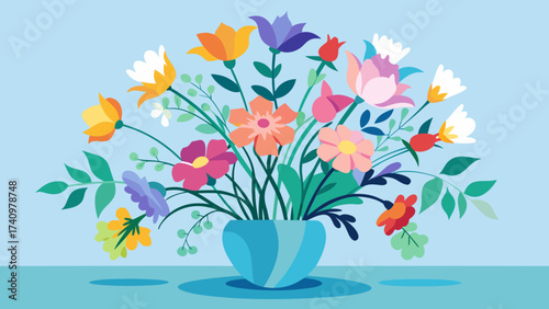 Colorful flat design floral arrangement in a blue vase