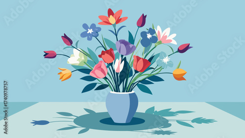 Colorful bouquet of flowers in a blue vase on a table