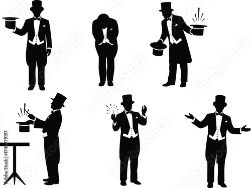 Magician silhouettes, stage performance, top hat trick, wand gesture, conjuring sparks, bowing pose, illusion act, entertainment show, mystery, fantasy, spectacle