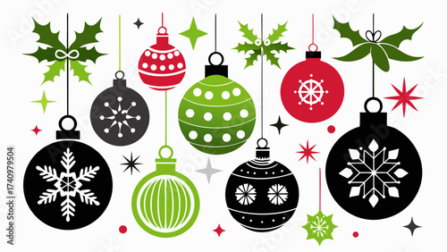 Festive christmas ornaments and holly garland decoration on white background