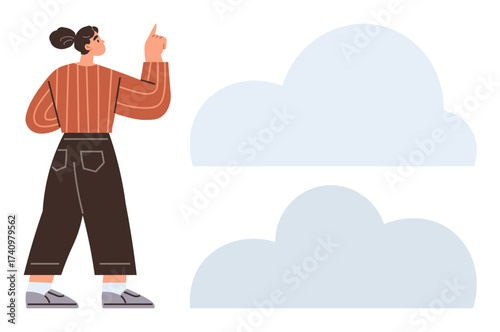 Woman in casual attire pointing upward toward two clouds, symbolizing imagination, dreams, and growth. Ideal for innovation, ideation, creativity, aspiration, strategy education personal