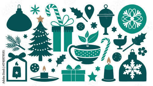 Teal and green christmas icons and ornaments collection
