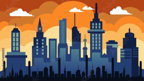 Flat design cityscape with orange sky and clouds