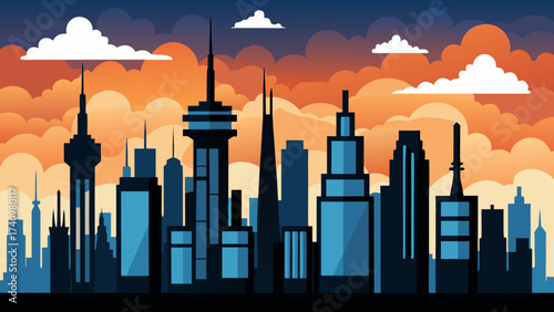 Modern city skyline at sunset with dramatic clouds