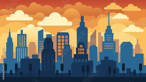 Stylized cityscape silhouette with warm sunset sky and clouds