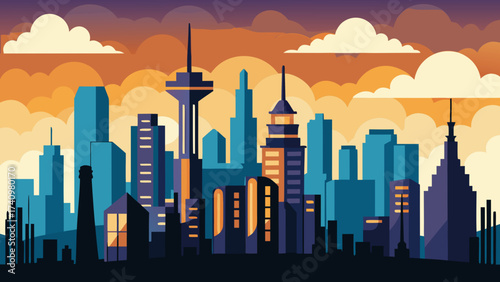 Stylized cityscape silhouette at dusk with dramatic clouds