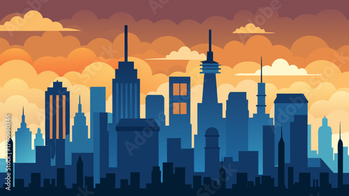 Modern city skyline at sunset with dramatic orange clouds