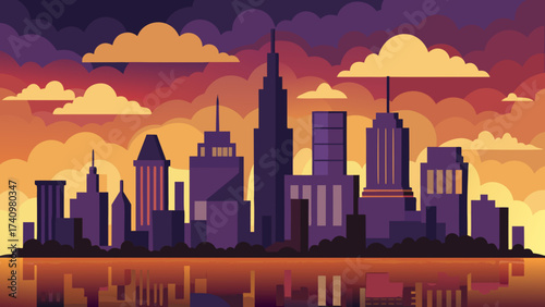 Modern city skyline at sunset with dramatic clouds and reflection