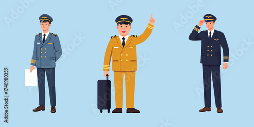 Concept of professional airline pilots in various poses, ready for duty or travel